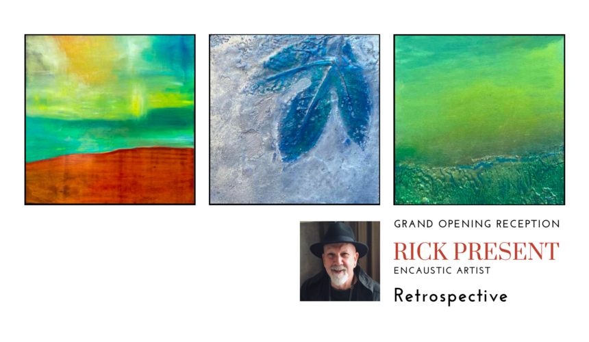 Three works of art plus photo of Rick Present.